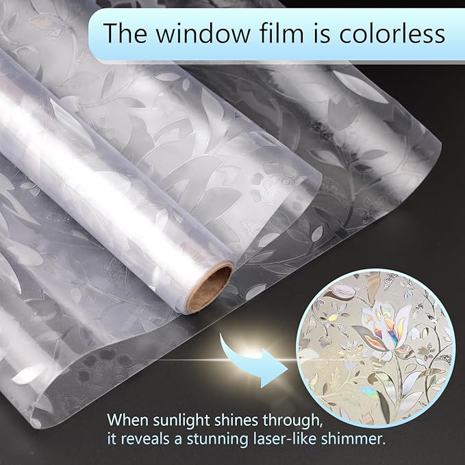 HIDBEA Window Privacy Film, 3D Stained Glass Static Cling - Sun Blocking Anti-UV Heat Control, Reusable Decorative Film for Home/Office Doors, Rainbow Tulip Design (35.4 in x 78.7 in)