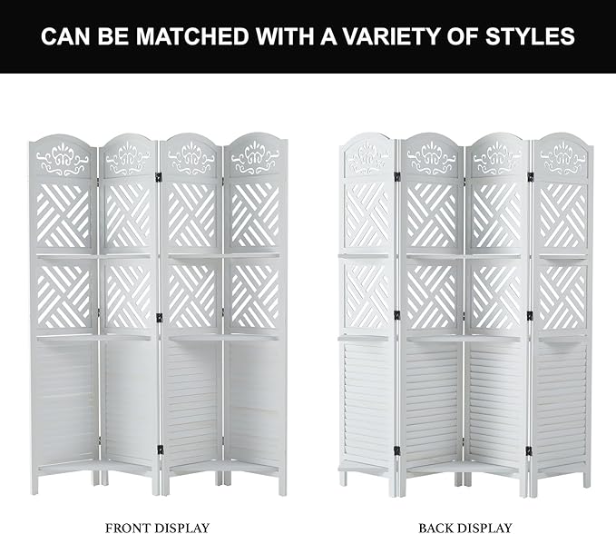 Room Divider with Shelves, 68.9inch Wood Carved and Louvered Wall Divider Freestanding, 4 Panels Folding Partition Screen for Bedroom Home Office (White)