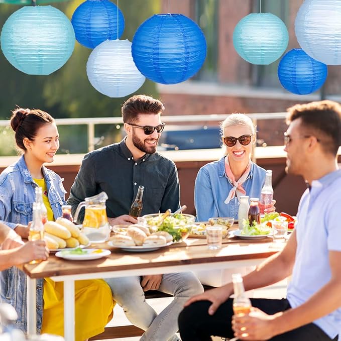 Paper Lanterns Decorative, Blue Hanging Paper Round Chinese Lanterns with Lights for Wedding Graduation Birthday Party 12 LED Light Pack of 12