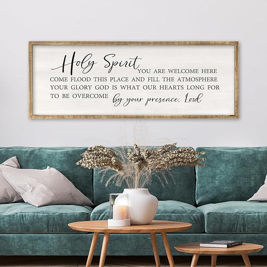 Holy Spirit You are Welcome Here Wall Decor Art 32x12 Inch Large Christian Song Bible Verse Plaque Wood Framed Sign Living Room Scripture Quote Religious For Office Wall Hanging (Wood)