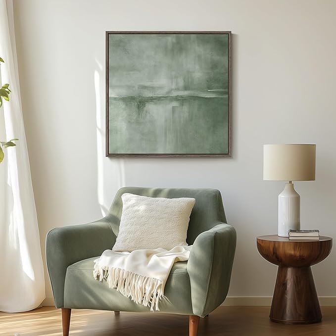 Framed Sage Green Abstract Wall Art, Modern Canvas Prints Artwork for Walls, Square Minimalist Green Abstract Pictures for Living Room, Hallway, Dining Room, Bedroom, Home Office Wall Decor 24x24 In