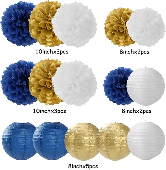 Navy-Blue Gold Party-Decorations Paper-Flowers Lanterns - 15PCS Royal White Baby Bridal Shower Tissue Pom Poms Streamers, Bachelorette Birthday Wedding Graduation Hanging Supplies Decor Hugfond