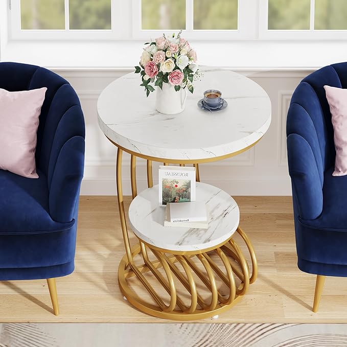 Tribesigns Gold Round End Table: 2 Tiers Side Table Set of 2 with Storage Shelf, Modern White Gold Bedside Nightstand, Metal Faux Marble Accent Table for Living Room