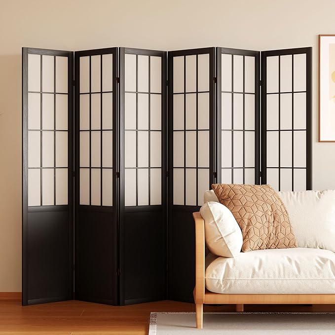 Room Divider, 66.9Inch Tall Japanese Shoji Style Folding Wood Screen with Double Hinges for Home Office Bedroom Hotel Decoration (6Panels, Black)