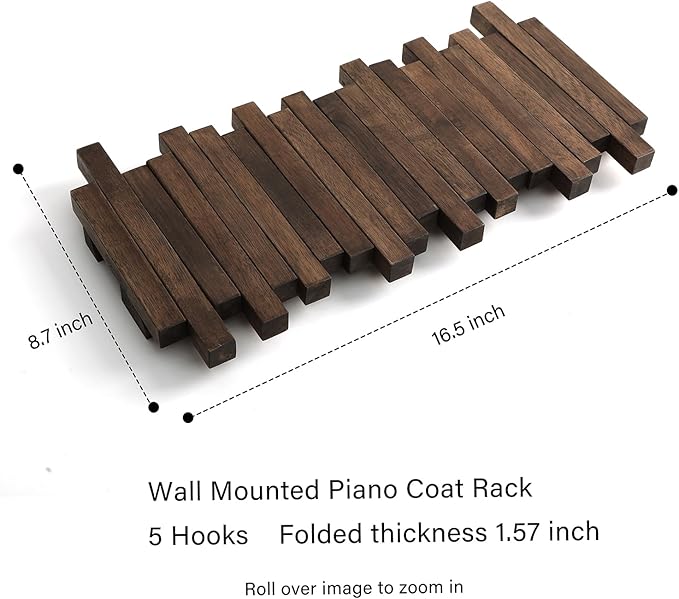 Wall Mounted Piano Coat Rack| Coat Rack Wall Mount| Flip Down Hook Rack 5 Hooks| Entryway Wall Art Hook,Made of Acacia Wood (Wood Wax Oil Dyed Walnut Color).Wall Art