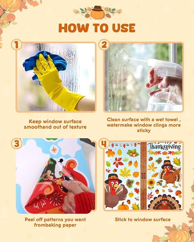 Thanksgiving Window Clings - 9 Sheets 114 Pcs Thanksgiving Decorations for Fall Autumn Harvest Home Party, Pumpkin Leaves Turkey Acorns Stickers for Glass, Double-Sided Static Window Decals