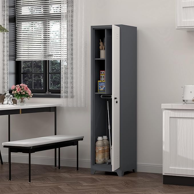 Storage Cabinet,Slim Broom Closet Storage Cabinets with Lockable Doors,Narrow Utility Cabinets with Hanging Rod,Tall Broom Closet for Laundry,Home Office,Grey-White