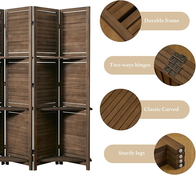 Room Divider with Shelves, 5.6 Ft Tall Folding Wood Screen with Double Hinges for Home Office Bedroom Hotel Decoration (4 Panels, Brown)