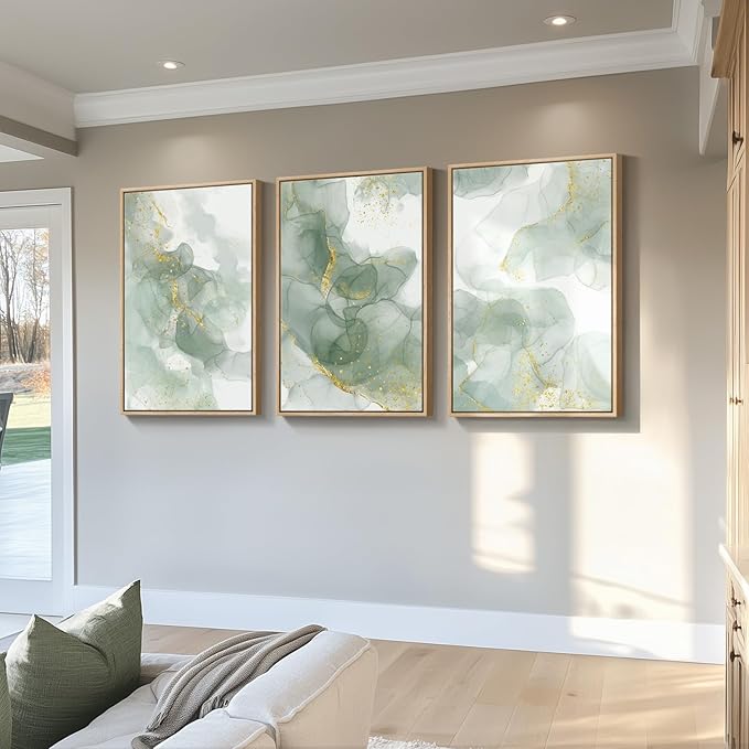 Large Framed Sage Green Abstract Wall Art for Living Room, 3 Piece Green and Gold Canvas Prints Paintings Artwork for Walls, Modern Minimalist Pictures for Hallway Stair Office Wall Decor 24x36 In