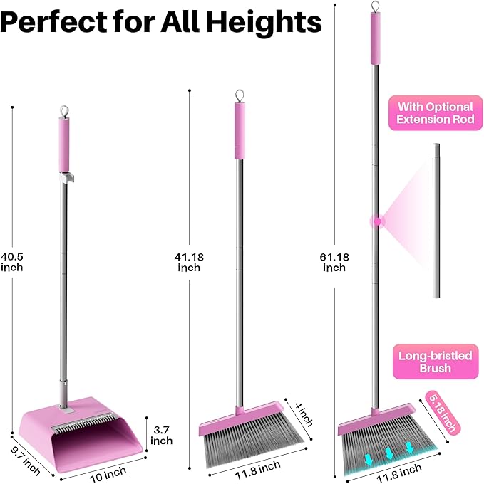 JOYMOOP Pink Broom and Dustpan Set with 56” Handle, Upright Angle with Built-in Comb Teeth for Hardwood Floors and Pet Hair