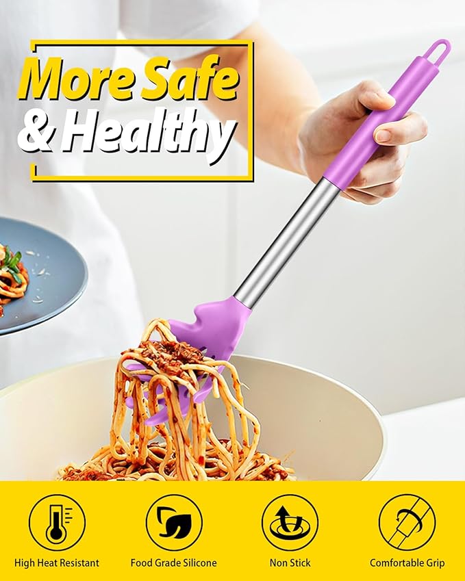 Silicone Pasta Fork and Ladle Spoon Set, Large Non Stick Kitchen Utensils for Cooking,Stirring,Serving Spaghetti, Soup, Sauce (PURPLE)