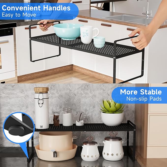 Expandable Cabinet Shelf Organizers, Kitchen Small Stand Rack Organization for Countertop Cupborad Pantry, Black 3 Pack