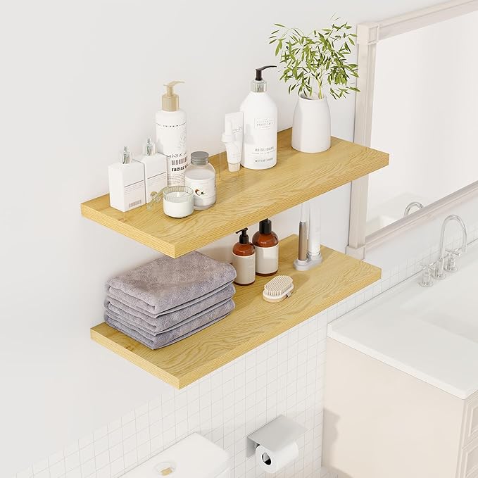 32" Floating Shelves for Wall, 12" Deep Slim Oak Floating Shelves, Wall-Mounted Shelves for Bedroom, Living Room, Kitchen, Bathroom - Set of 2