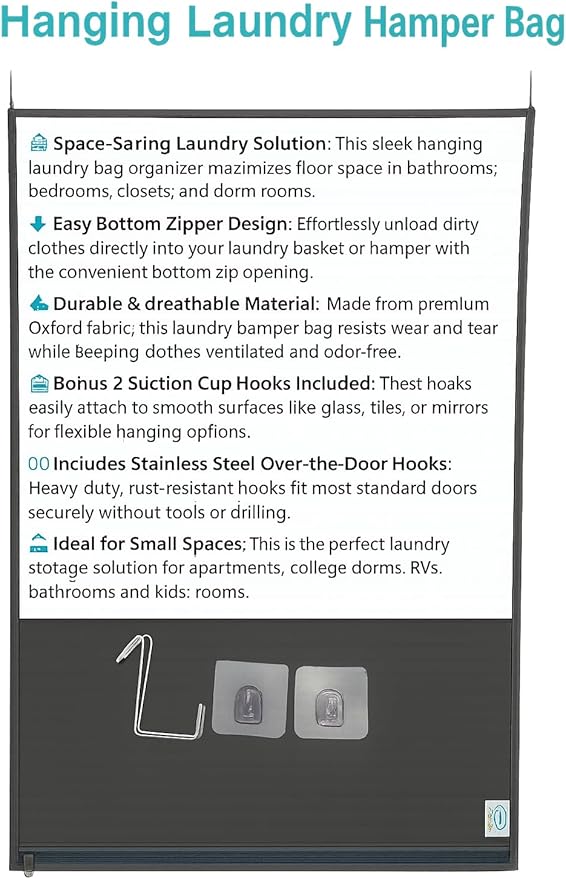 Hanging Laundry Hamper Bag โ Space-Saving Dirty Clothes Storage with Free Adjustable Stainless Steel Over-the-Door Hooks & Suction Cup Hooks โ Ideal for bathrooms, bedrooms & dorms (2, Gray)