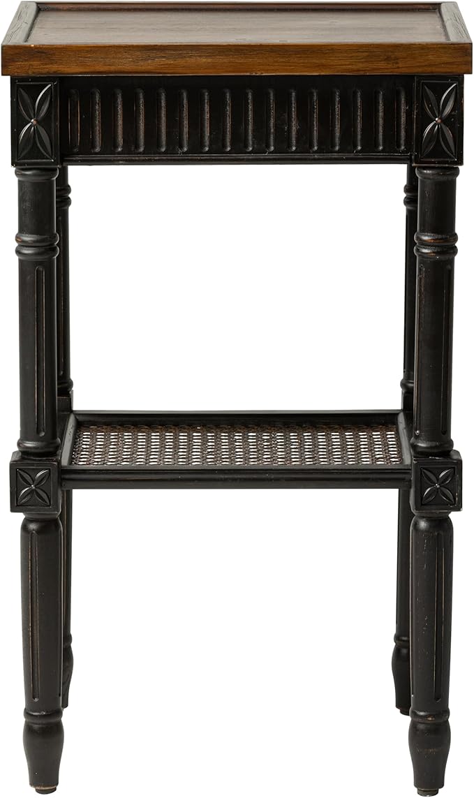 Rustic Farmhouse Cottagecore Accent End Table Set of 2, Distressed Accent Side Table with Espresso Tray Top and Woven Wicker Shelf, Boho, French Country Decor, Square, Weathered Brown & Black
