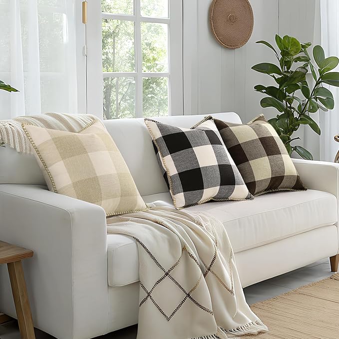 decorUhome Buffalo Plaid Check Fall Throw Pillow Covers 18x18 Set of 2, Outdoor Decorative Farmhouse Pillow Covers with Stitched Edge for Bed Couch Sofa, Cream White and Beige