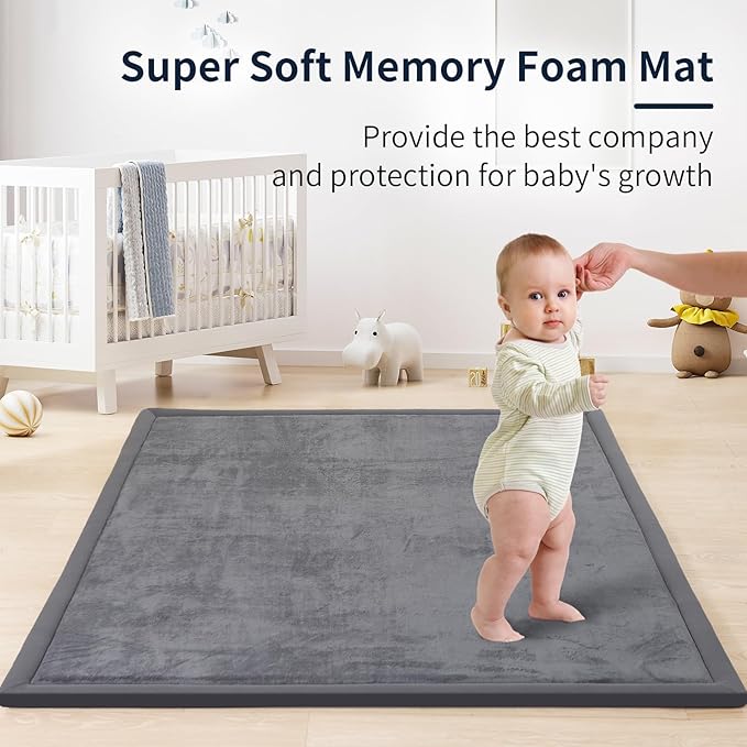 ACOMOPACK Baby Play Mat for Floor 1.3" Thick Memory Foam Play Mat 79"×157" Tummy Time Crawling with Non-Slip Bottom for Living Room,Nursery,Soft Velvet Playpen Mats for Kids,Infants(Dark Grey)