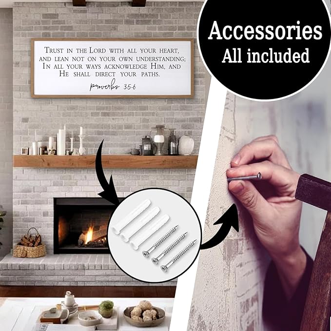 Trust in the Lord With All Thine Heart Wall Decor Art Bible Verse Sign Proverbs 3:5-6 Framed Wood 32X12 Inch For Scripture Christian Hanging (Wood)