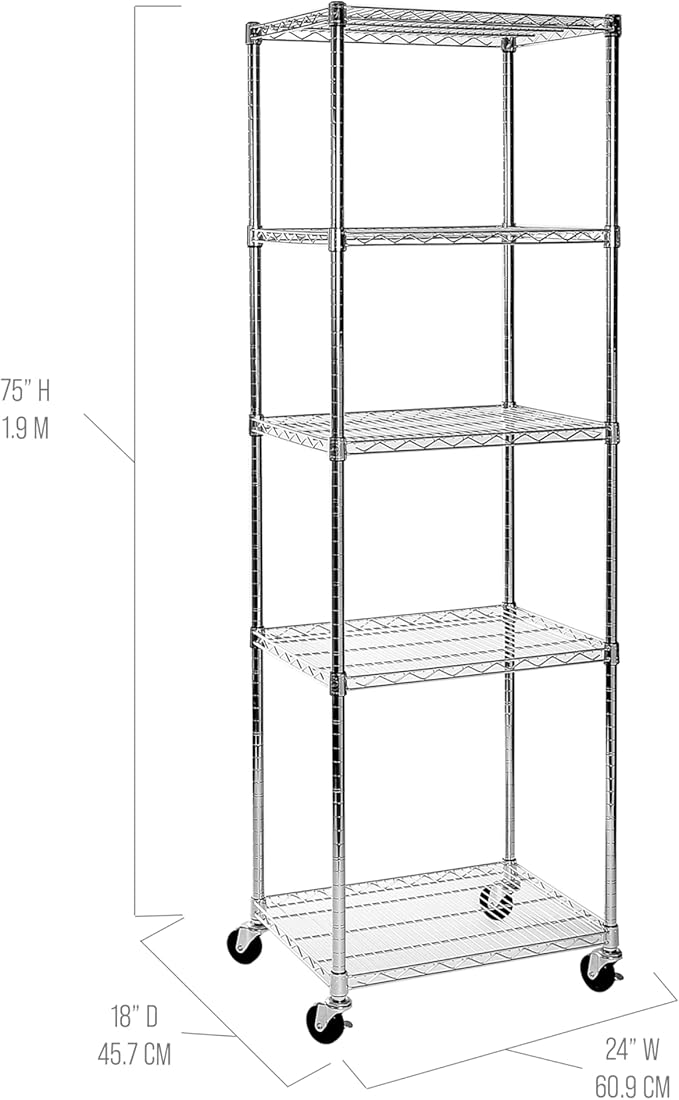 Seville Classics UltraDurable Heavy Duty NSF Solid Steel Wire Rack Storage Unit Organizer for Garage, Warehouse, Office, Restaurant, Classroom, Kitchen, 5-Tier Shelving, 24" W x 18" D