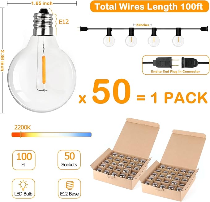 VerRon 100FT LED G40 Globe String Lights, Waterproof Shatterproof Outdoor Patio Lights with 50+2 Dimmable Edison Bulbs, Backyard Hanging Light, Warm White for Bistro Party Wedding Deck Garden
