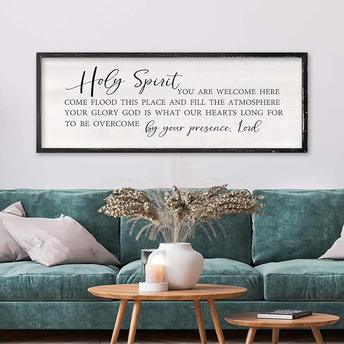 Holy Spirit You are Welcome Here Wall Decor Art 40x15 Inch Large Christian Song Bible Verse Plaque Wood Framed Sign Living Room Scripture Quote Religious For Office Wall Hanging (Black)