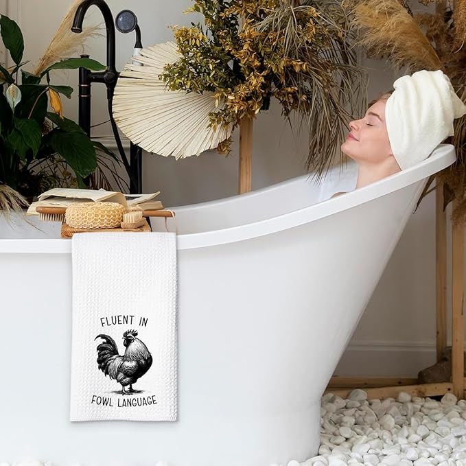 Chicken Dish Towel, Waffle Weave Microfiber Kitchen Cloth, Rustic Rooster Decor Accent, Farmhouse Style Gift for Chicken Lovers, Funny Country Hand Towel for Kitchen Bathroom - A05