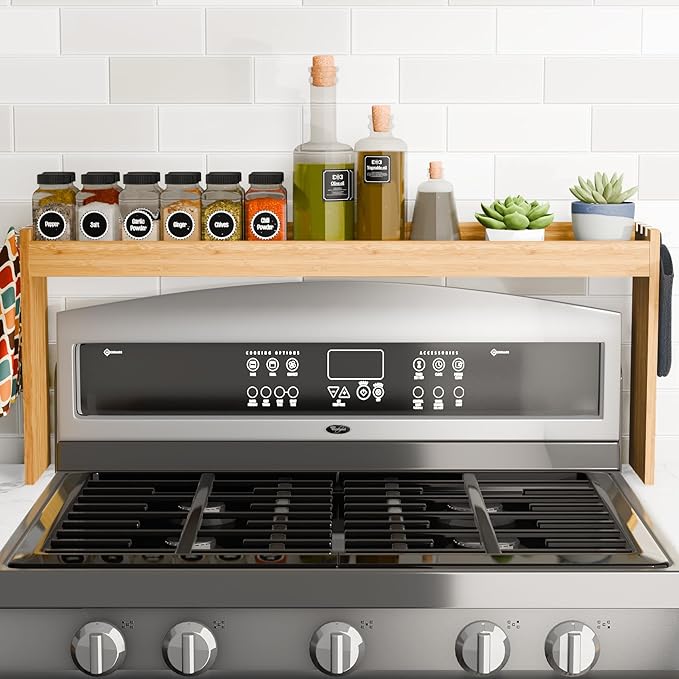 Edgecrest Bamboo Over The Stove or Sink Modern Spice Shelf, No Annoying Middle Screw, 31.5ā Wide Storage, 11.4ā High Countertop Shelf, 6 Side Hooks, Easy to Assemble, Eco-Friendly Durable Material