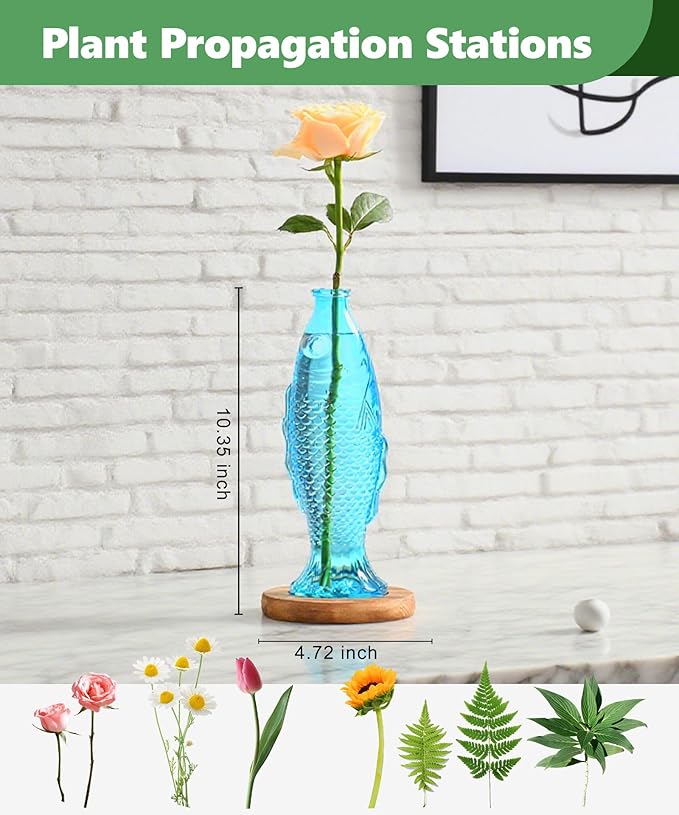 Nacome Fish Vase Glass Plant Terrarium with Wooden Stand,Planter Propagation Station for Home Office Hydroponics Desk Decoration,Unique Gardening Gifts for Plant Lovers Women Mom(Blue)