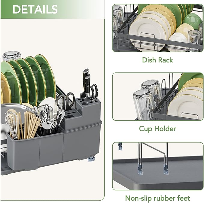 ROTTOGOON Expandable Dish Drying Rack,Multifunctional Adjustable Dish Drainer with Swivel Spout and Anti-Rust Dish Rack with Removable Cutlery & Cup Holders for Kitchen Counter,Dark Grey