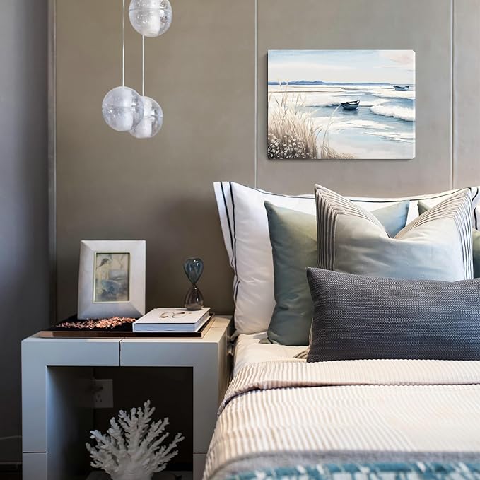 amatop Coastal Wall Art - Nautical Ocean Canvas Print with Light Blue & White Seascape, Boat, Reeds - Beach Picture for Modern Farmhouse, Lake House, Bedroom, Bathroom, Beach-Themed Artwork,16x12