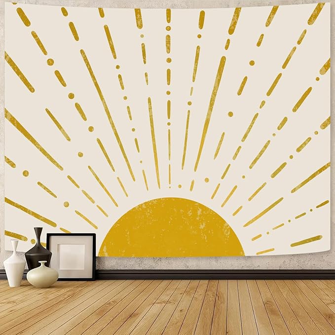 Kanuyee Gold Boho Burning Sun Tapestry Wall Hanging, Retro 70s Abstract Vintage Geometric Line Sunrise Tapestries for Bedroom Living Room Backdrop 44×60 inch