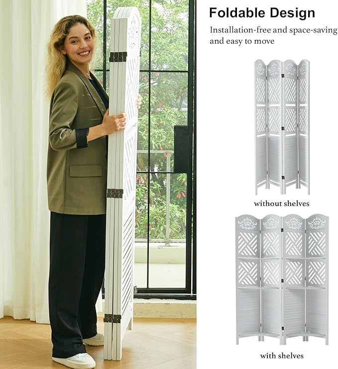 Room Divider with Shelves, 68.9inch Wood Carved and Louvered Wall Divider Freestanding, 4 Panels Folding Partition Screen for Bedroom Home Office (White)