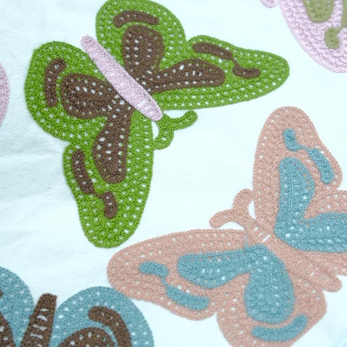 Embroidered Decorative Throw Pillow Cover, 18"x18" Set of 2, Farmhouse Pillowcase Colorful Butterfly Knit Pattern Cotton Canvas Cushion Case Square Floral Pillow Case for Sofa Couch Bed Living Room