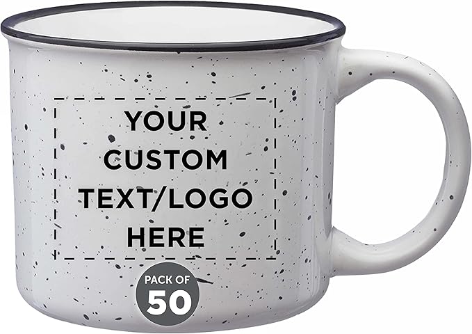 DISCOUNT PROMOS Custom Ceramic Campfire Coffee Mugs 13 oz. Set of 50, Personalized Bulk Pack - Perfect for Tea, Espresso, Cappuccino, Hot Cocoa - White