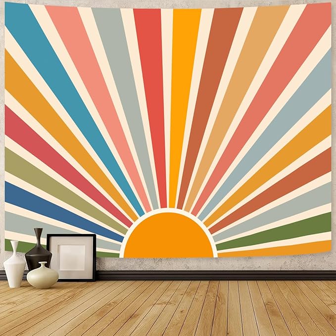 Kanuyee Boho Burning Sun Tapestry Wall Hanging, Retro 70s Abstract Vintage Geometric Rainbow Sunrise Tapestries for Bedroom Living Room Backdrop 60×80 inch