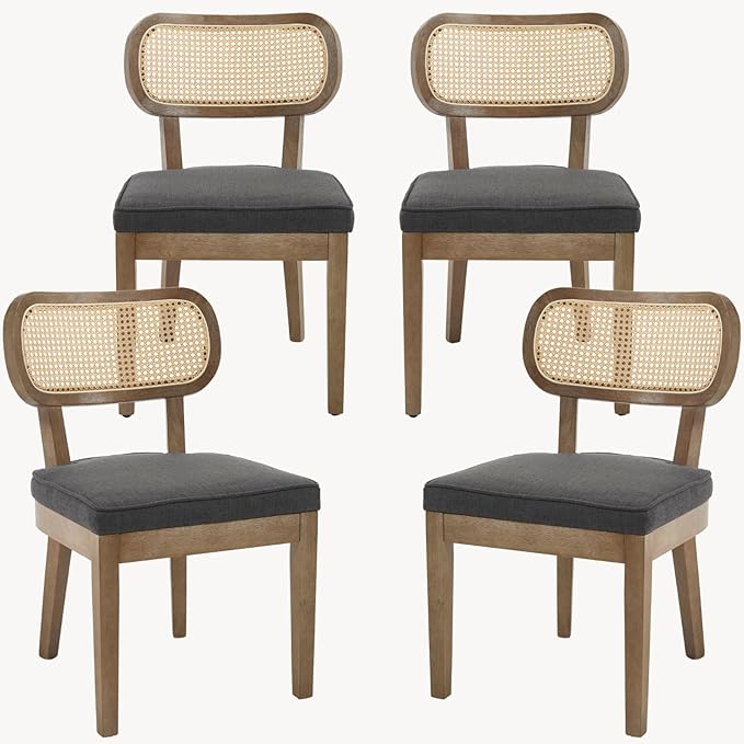 Rattan Dining Chairs Set of 4, Upholstered Linen Dining Room Chair with Cane Backrest Wooden Farmhouse Kitchen Chairs Armless Side Chair for Dining Room/Restaurant, Black