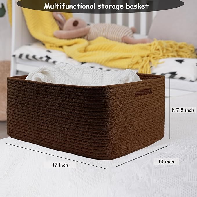 COMFY-HOMI Cotton Rope Woven Basket with Handles for Shelves,Toys,Book, Cloth Storage Baskets for Organizing-17" x 13" x 7.5" Toy Decorative Organizer for Living Room, Bathroom (dark brown)
