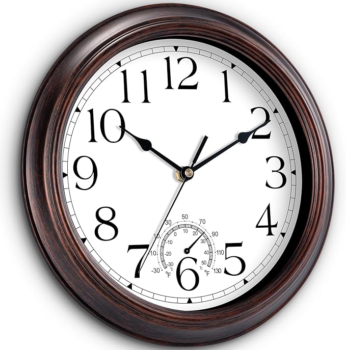 10 Inch Outdoor Wall Clock with Thermometers, Vintage Silent Wall Clocks Battery Operated, Retro Non-Ticking Clock Decorative for Living Room, Patio, Kitchen, Office, Bathroom, Bedroom(Bronze)