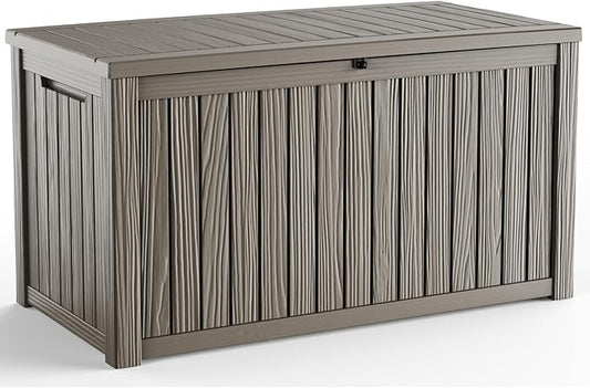 150 Gallon Outdoor Deck Box,Storage Lockable Waterproof Patio Furniture,Garden Tools,Cushions,Pool Accessories Outside Storage Resin Box(Grey)
