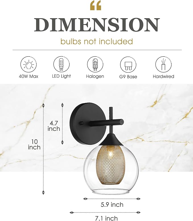 Black Wall Sconce Set of 2, Bathroom Vanity Light Fixture with Clear Glass and Honeycomb Metal Shade, Sconces Wall Lighting for Mirror Bedroom Hallway, AD-22001-1W2-BK