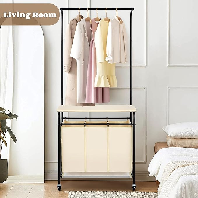 MYOYAY 3 Section Laundry Sorter with Garment Hanging Bar Rack Foldable Ironing Board, Laundry Basket Organizer Heavy Duty Laundry Hamper Rolling Cart with Lockable Wheels and 3 Removable Bags