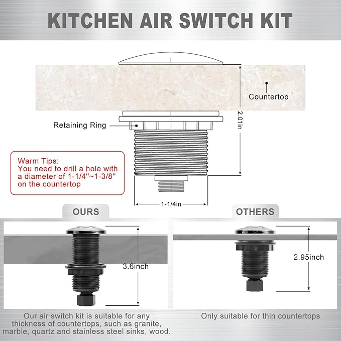 Garbage Disposal Air Switch Kit, Garbage Disposal Button, Sink Top Waste Disposer On/Off Switch, UL Listed Air Switch Compatible with All Garbage Disposals (Brushed Stainless Steel)