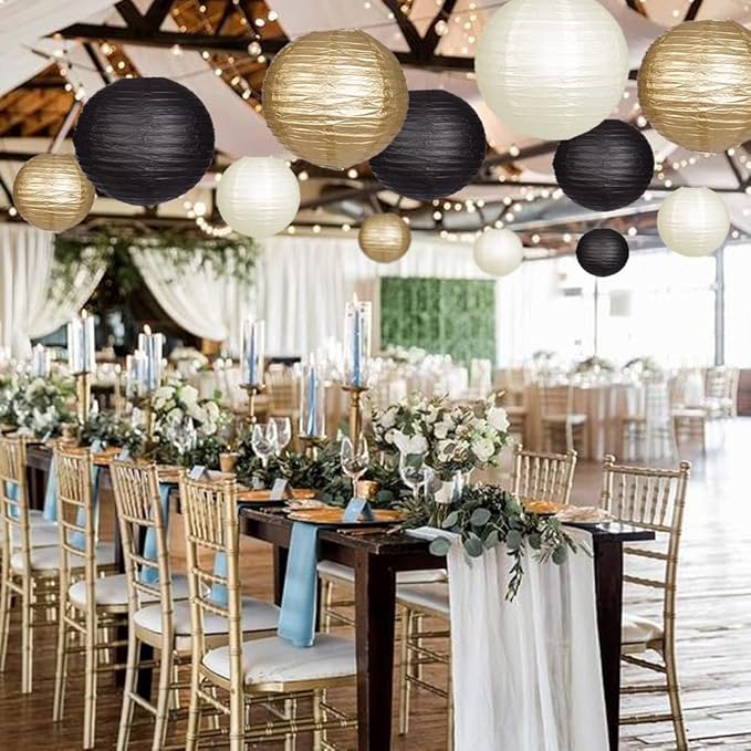 Paper Lanterns Decorative, Black Gold Hanging Round Chinese Lanterns with Lights for Graduation Anniversary Birthday Party 12 LED Light Pack of 12