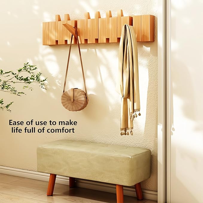 Wall Mounted Piano Key Hanger | Flip Style Hook | Entrance Wall Art Hook, Made of Oak Wood (3 Times Painted, 4 Times Polished) (Beech, 8Hooks)