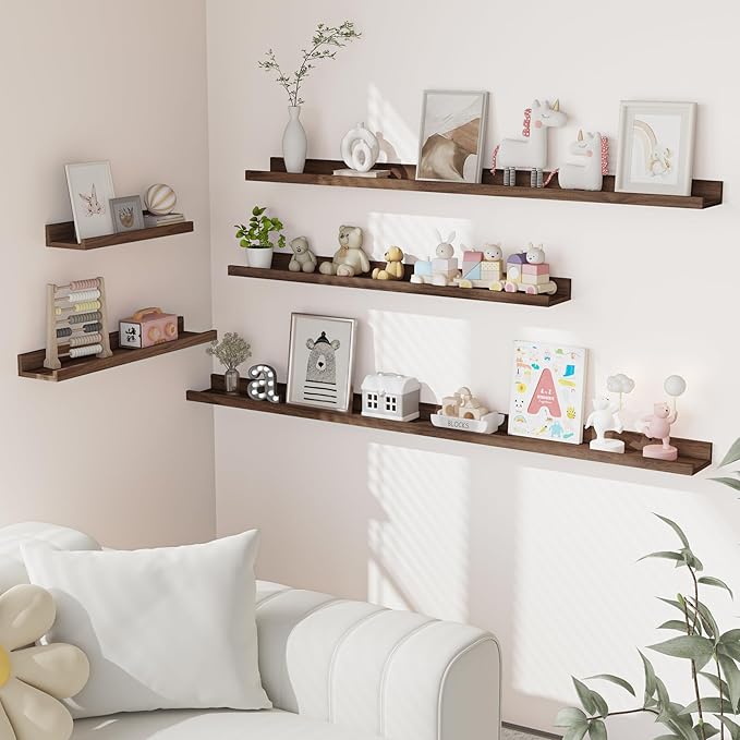 Heimlove Picture Ledge Shelf, Floating Shelves Set of 2, 72 Inches Long Large Picture Shelf for Wall with Ledge, Kids Bookshelf Wall Mounted for Living Room Bedroom Decor Books Photo Frames, Walnut