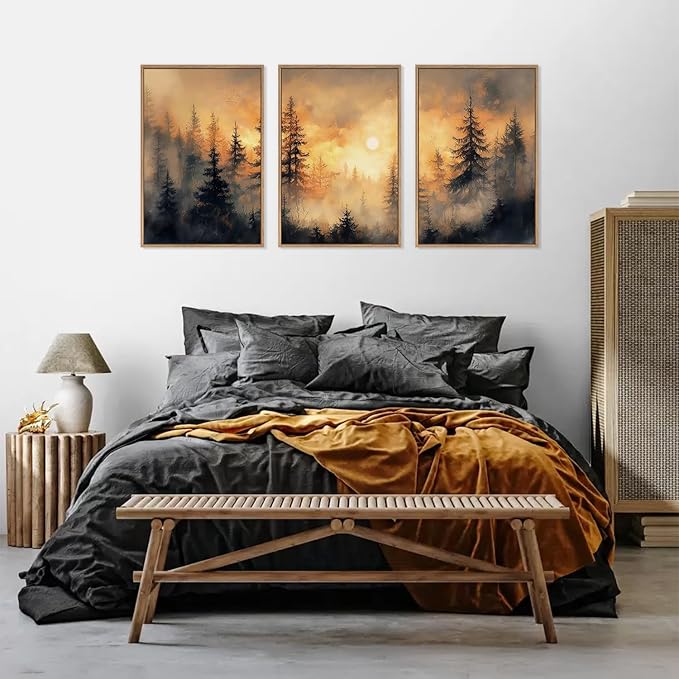 HLNIUC Golden Sunshine Forest Framed Canvas Wall Art,Foggy Forest Pine Tree Wall Decor,Large Sunset Landscape Art Print,Natural Misty Mountain Forest Wall Painting for Living Room,Bedroom - 16”x24”x3