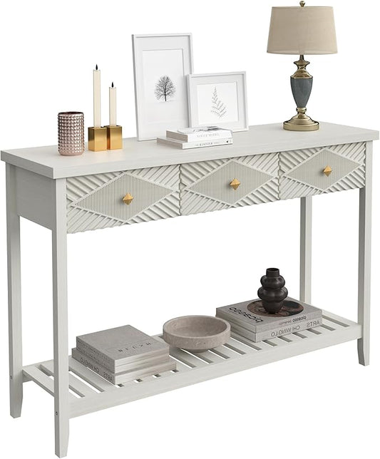 47" Fluted Console Table with 3 Drawers, Narrow Long Entryway Table with Storage Shelf, Sofa Tables for Entryway, Living Room, Behind Couch, Foyer, Hallway, Office (Beige)