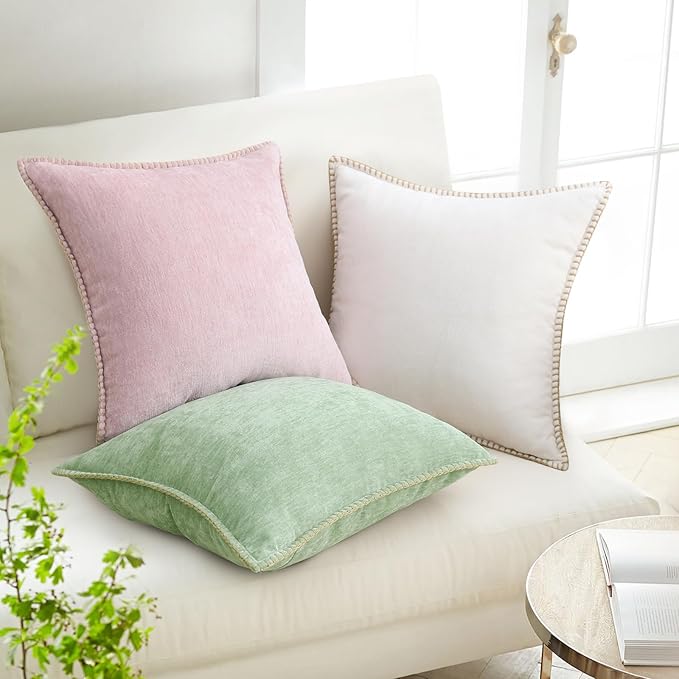 decorUhome Chenille Soft Throw Pillow Covers 20x20 Set of 2, Farmhouse Velvet Neutral Decorative Euro Pillow Covers with Stitched Edge for Couch Sofa Bed Home Decor, Cream White