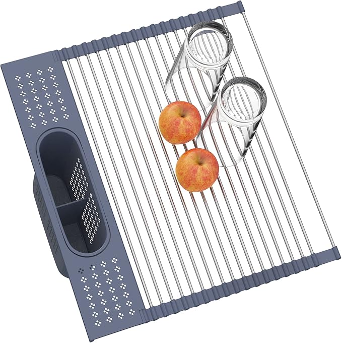 LEMIKKLE Roll Up Dish Drying Rack 17.5" x 15.2" Over The Sink Dish Drying Rack, Multi-Purpose Kitchen Rolling Dish Drainer Foldable SUS 304 Stainless Steel Dish Drying Rack
