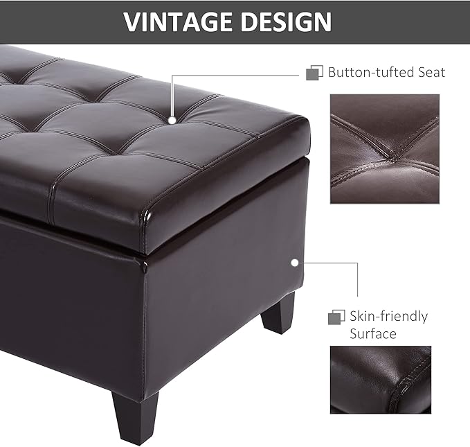 HOMCOM 51" Ottoman Storage Bench, Faux Leather Storage Chest with Lift Top, Tufted Ottoman for Living Room, Entryway, Dark Brown